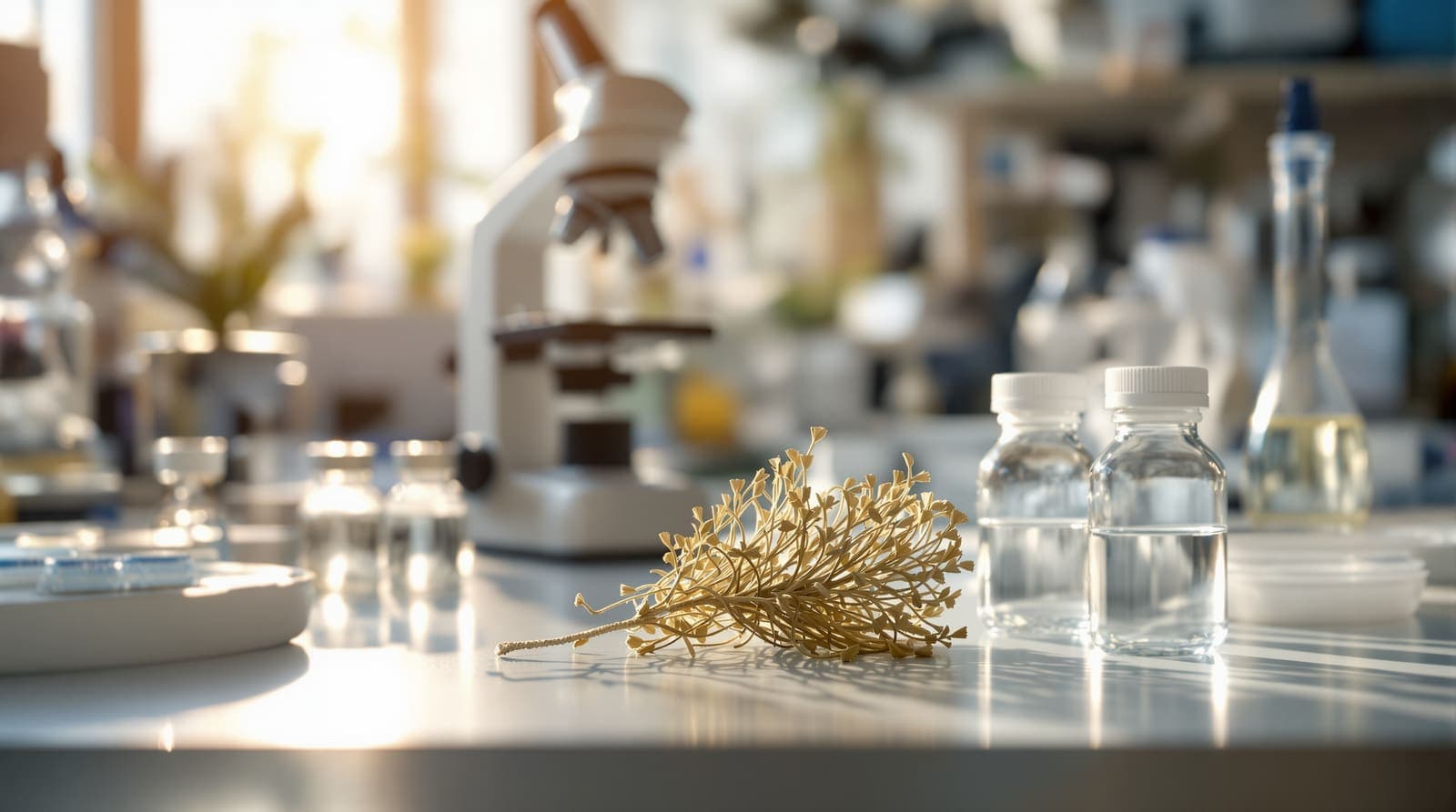 Illustration of a dried Rose of Jericho plant on a laboratory bench beside a microscope, vials and petri dishes.