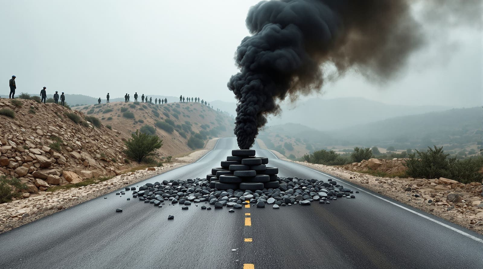 Illustration of a stack of tyres burning on a hilltop road with scattered stones, small helmeted figures far along the ridge.