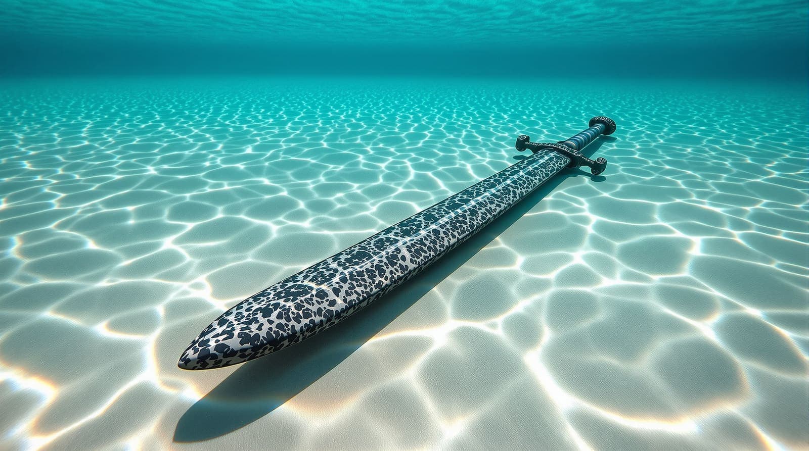 Illustration of a long crust-covered medieval sword lying on rippled sand in clear shallow water.