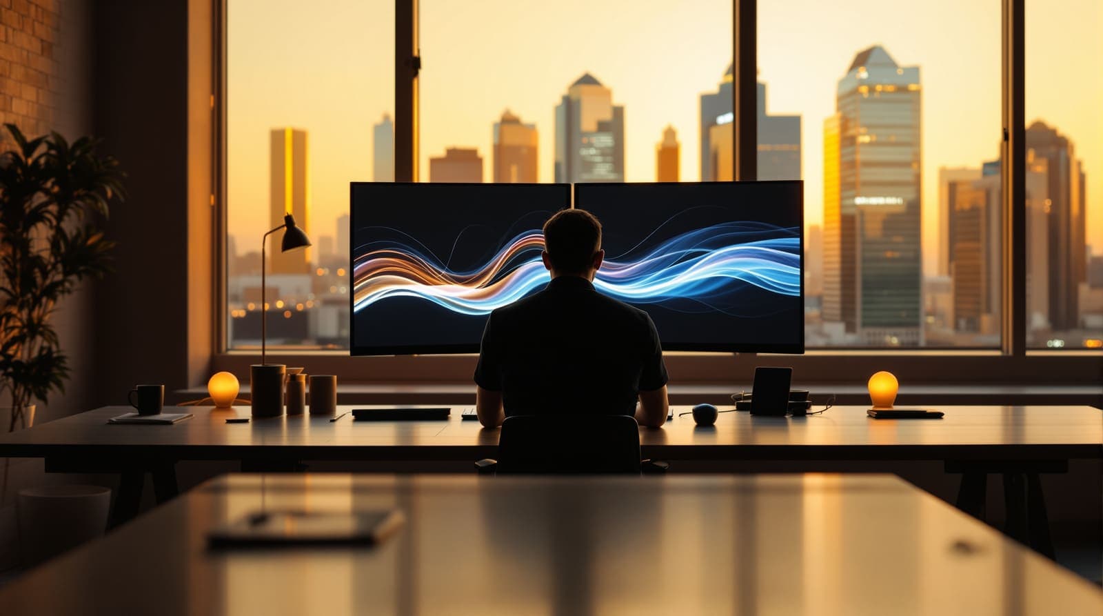 Illustration of a silhouetted designer at a desk between edge-on glowing monitors in a loft office overlooking the Tel Aviv skyline.