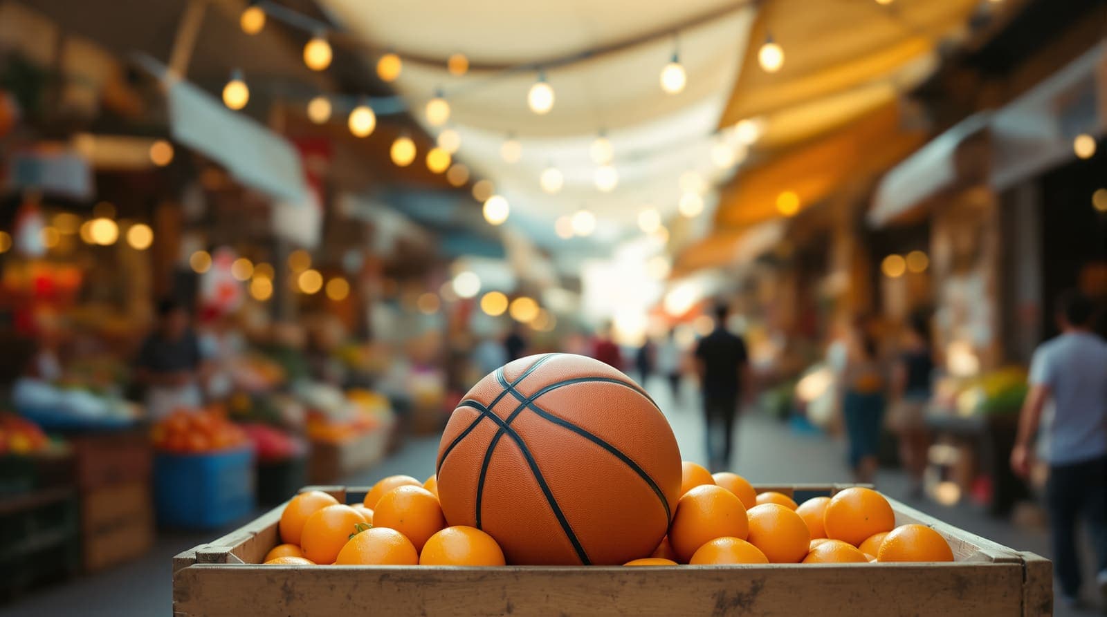 Illustration of a basketball resting on a crate of oranges in a covered market with shoppers blurred in the background.