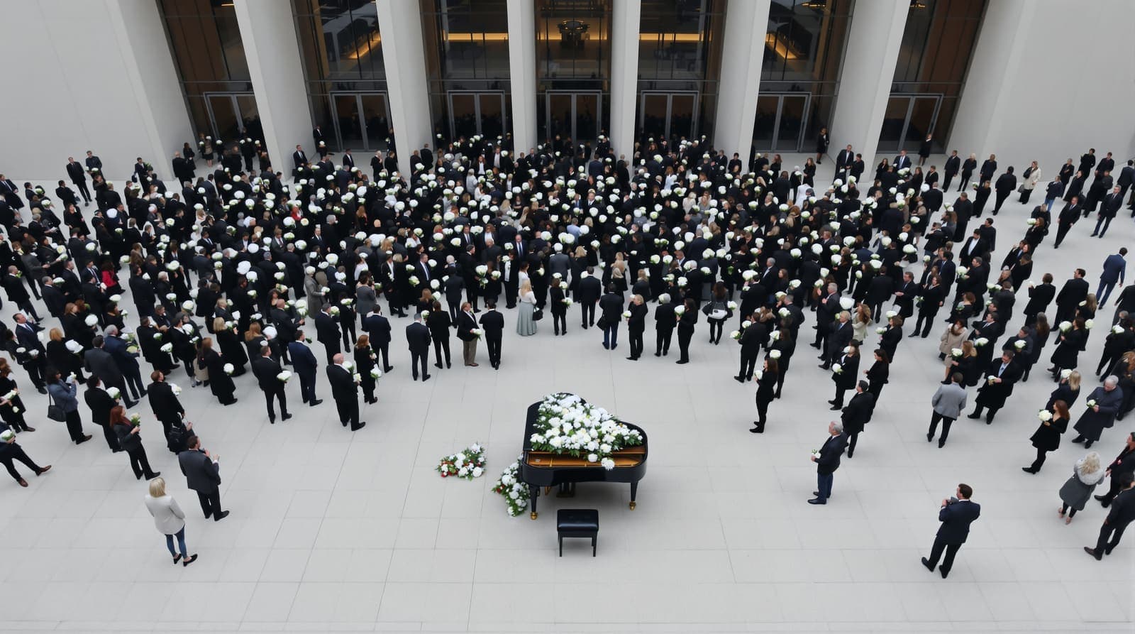 Illustration of a crowd of mourners with white flowers gathered around a flower-covered grand piano on an opera house plaza.