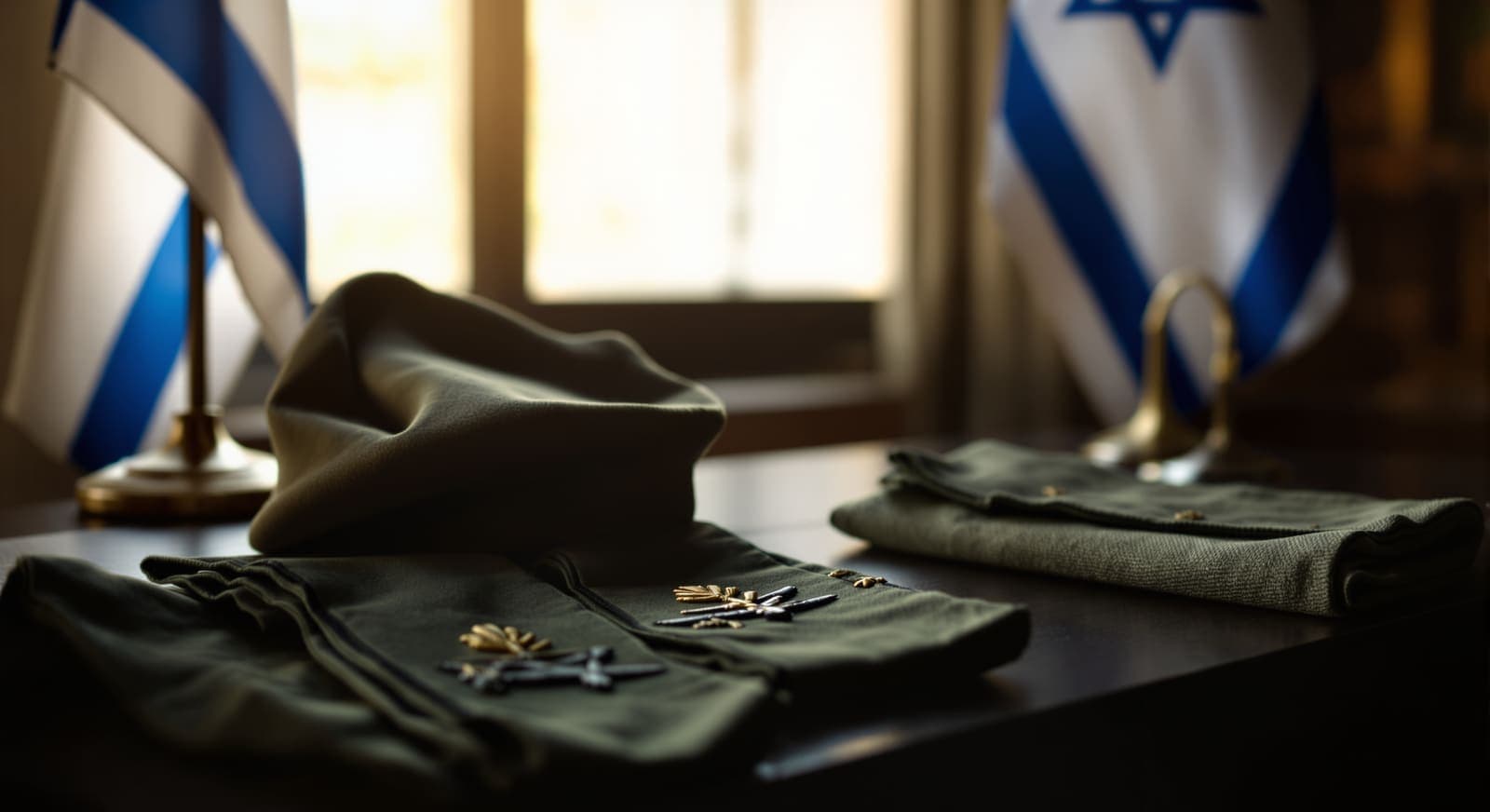 Illustration of army epaulettes with rank insignia and a folded beret on a desk, with an Israeli flag blurred behind them.