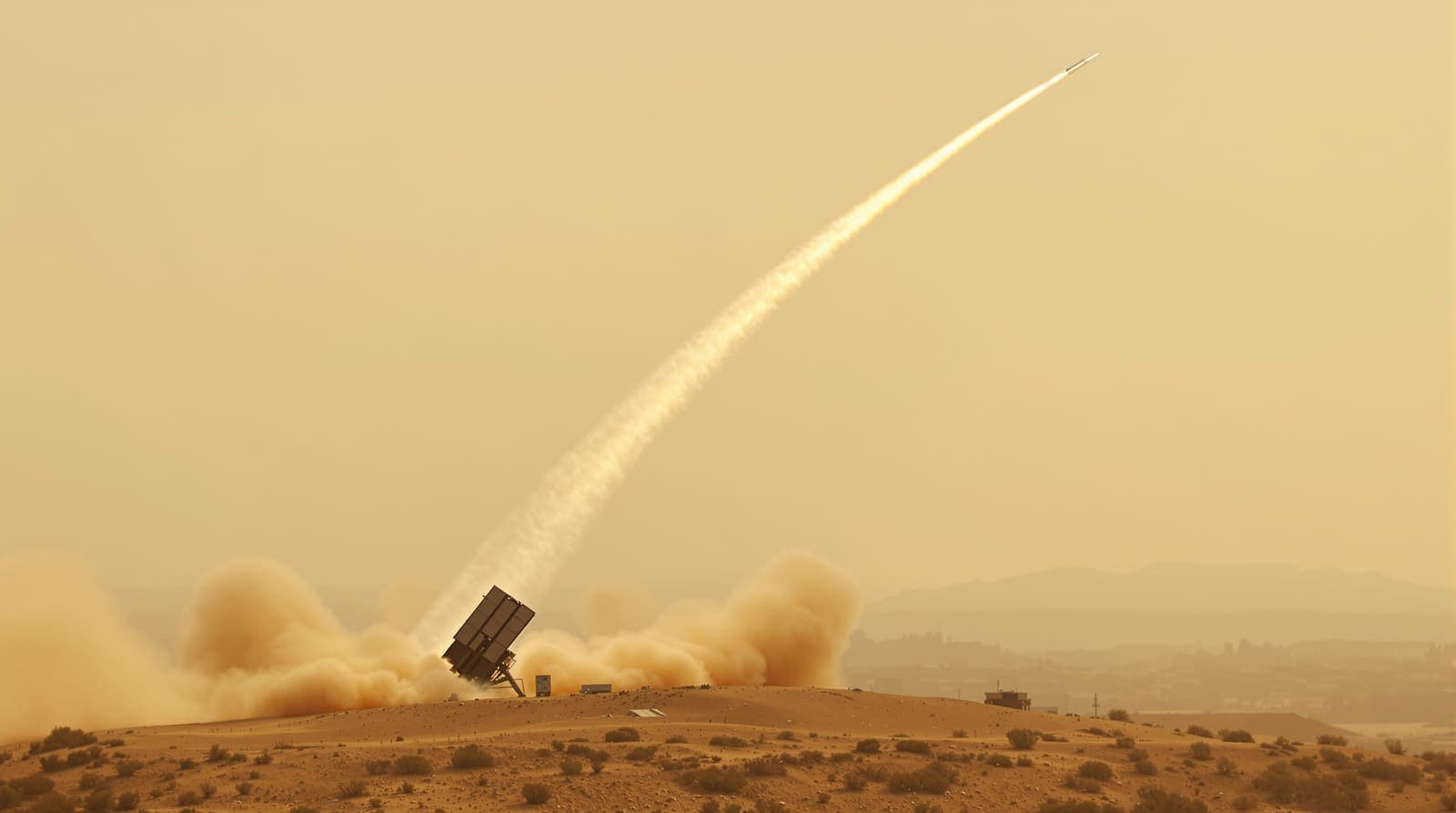 Illustration of an interceptor missile climbing from an air-defence battery, leaving a white smoke trail in a dawn sky.