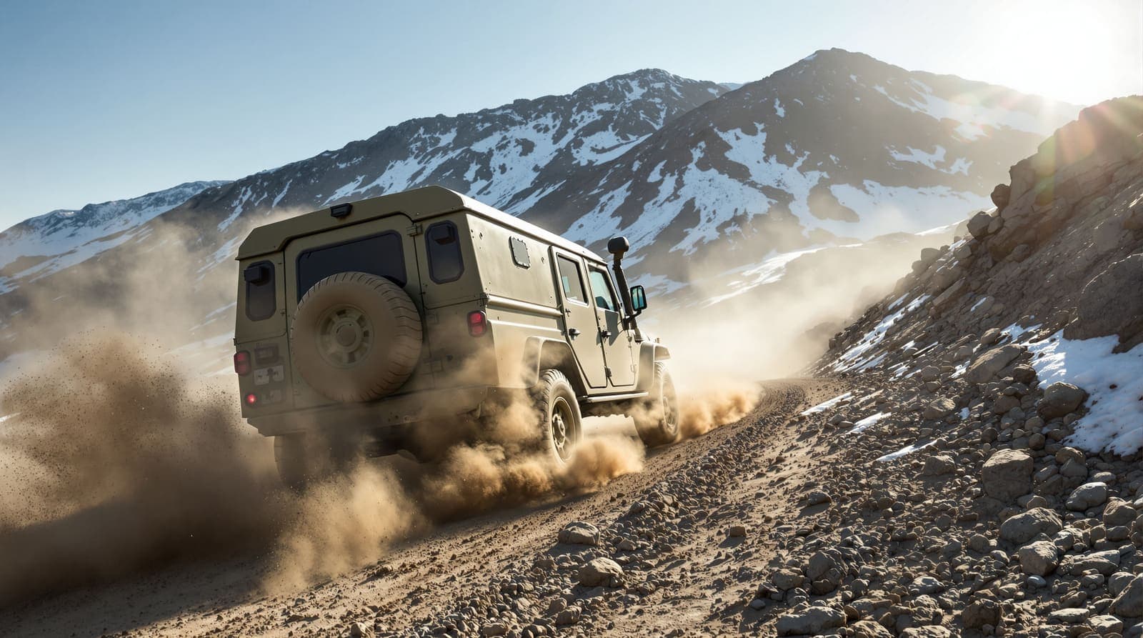 Illustration of a mud-spattered military 4x4 with a snorkel climbing a steep gravel switchback on Mount Hermon, dust trailing behind it.