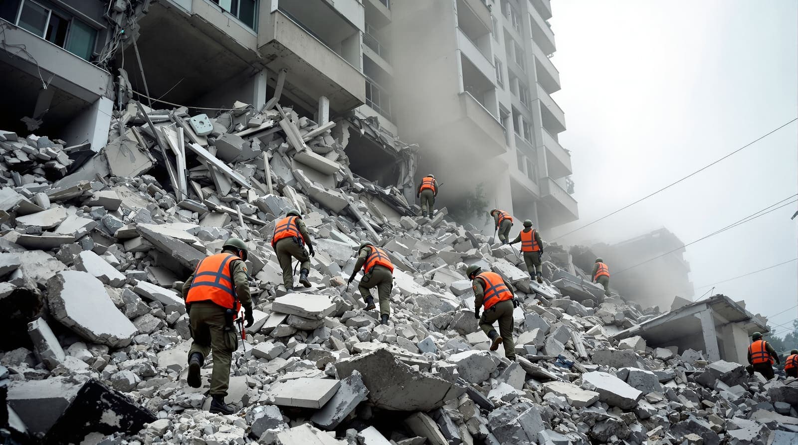 Illustration of rescue troops in orange vests climbing rubble where the corner of an apartment building has collapsed.