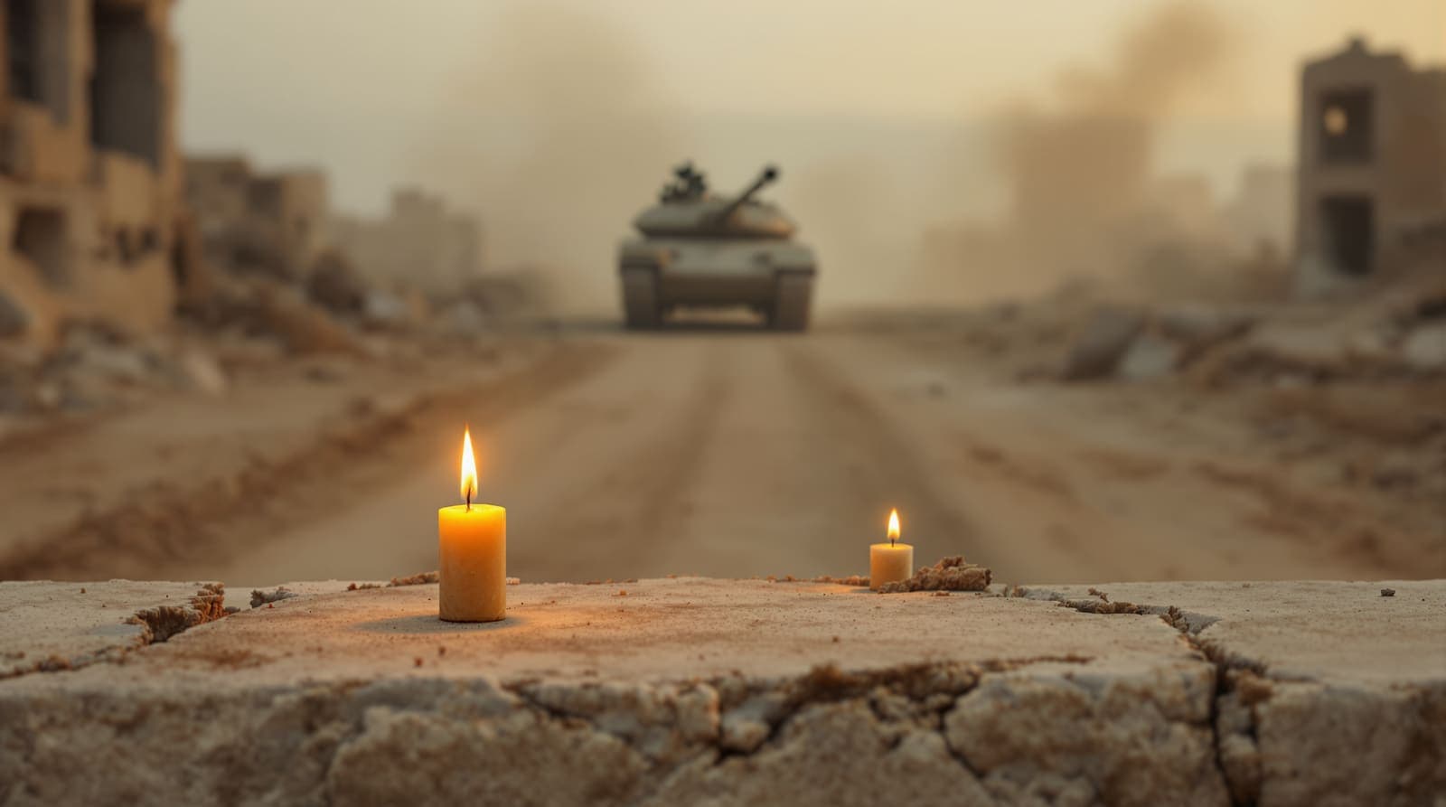 Illustration of two memorial candles on broken concrete at dusk, with a tank seen far off from behind through dust haze.