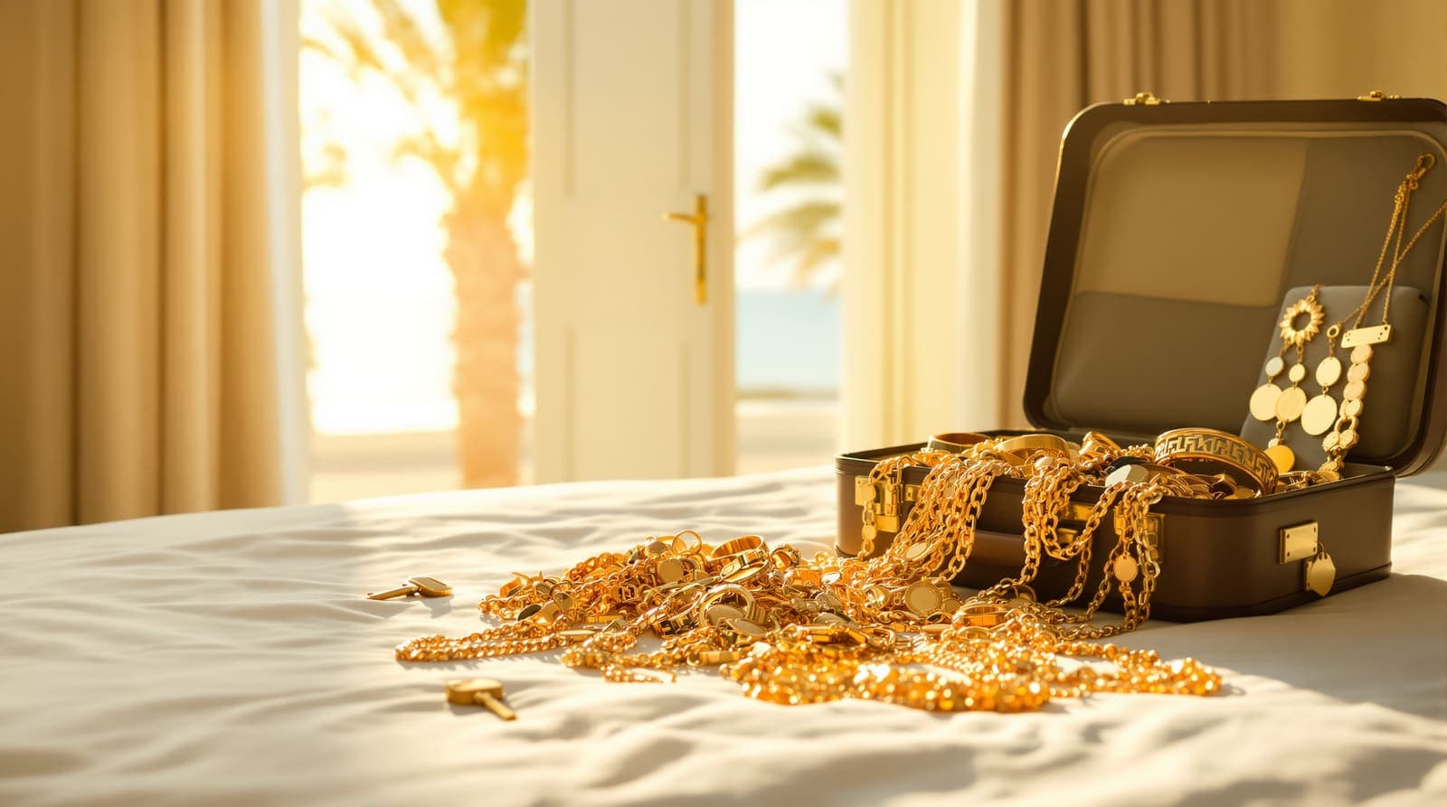 Illustration of an open suitcase of gold jewellery and a brass key on a hotel bed in Eilat, with the Red Sea visible through the window.
