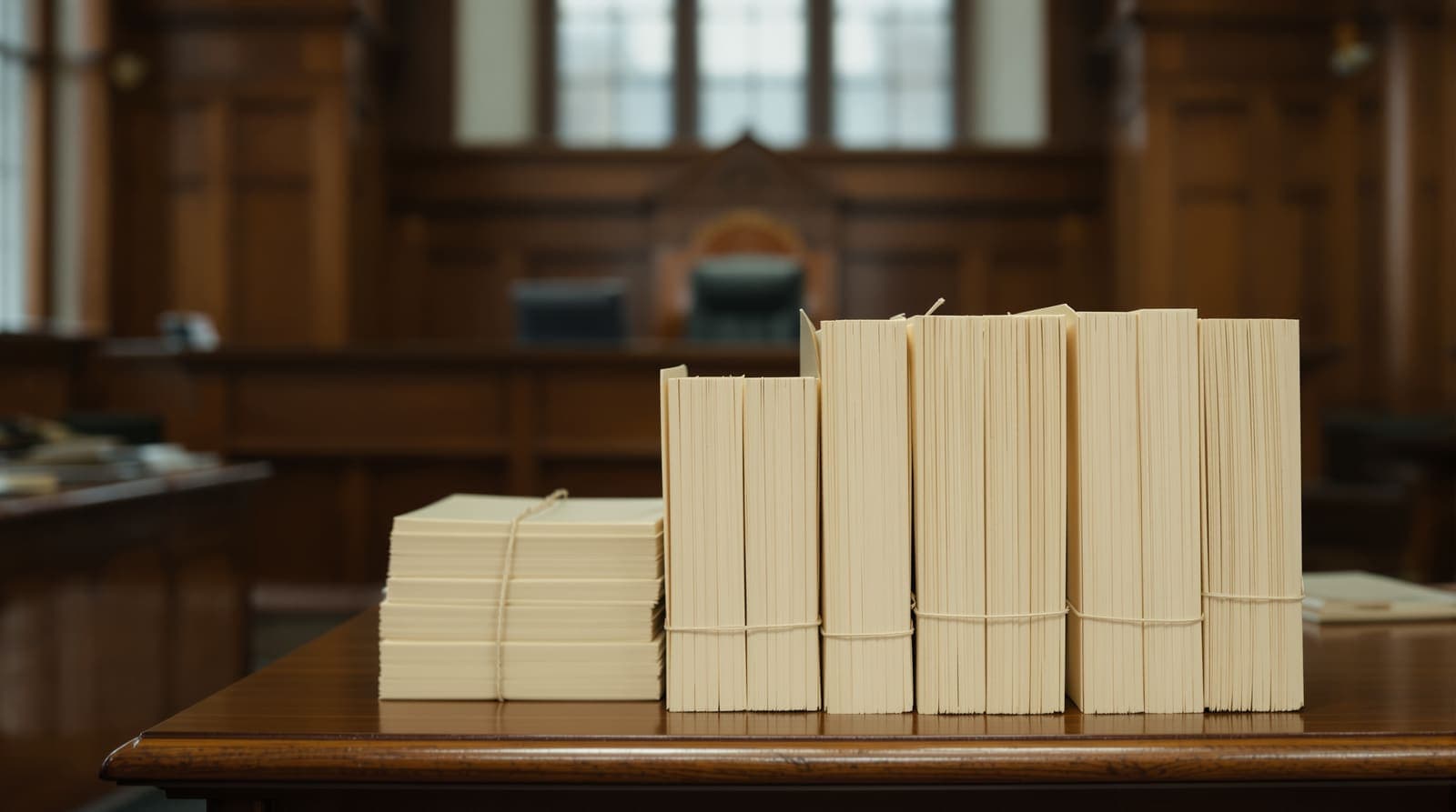 Illustration of tall stacks of blank case folders on a desk in an empty courtroom.
