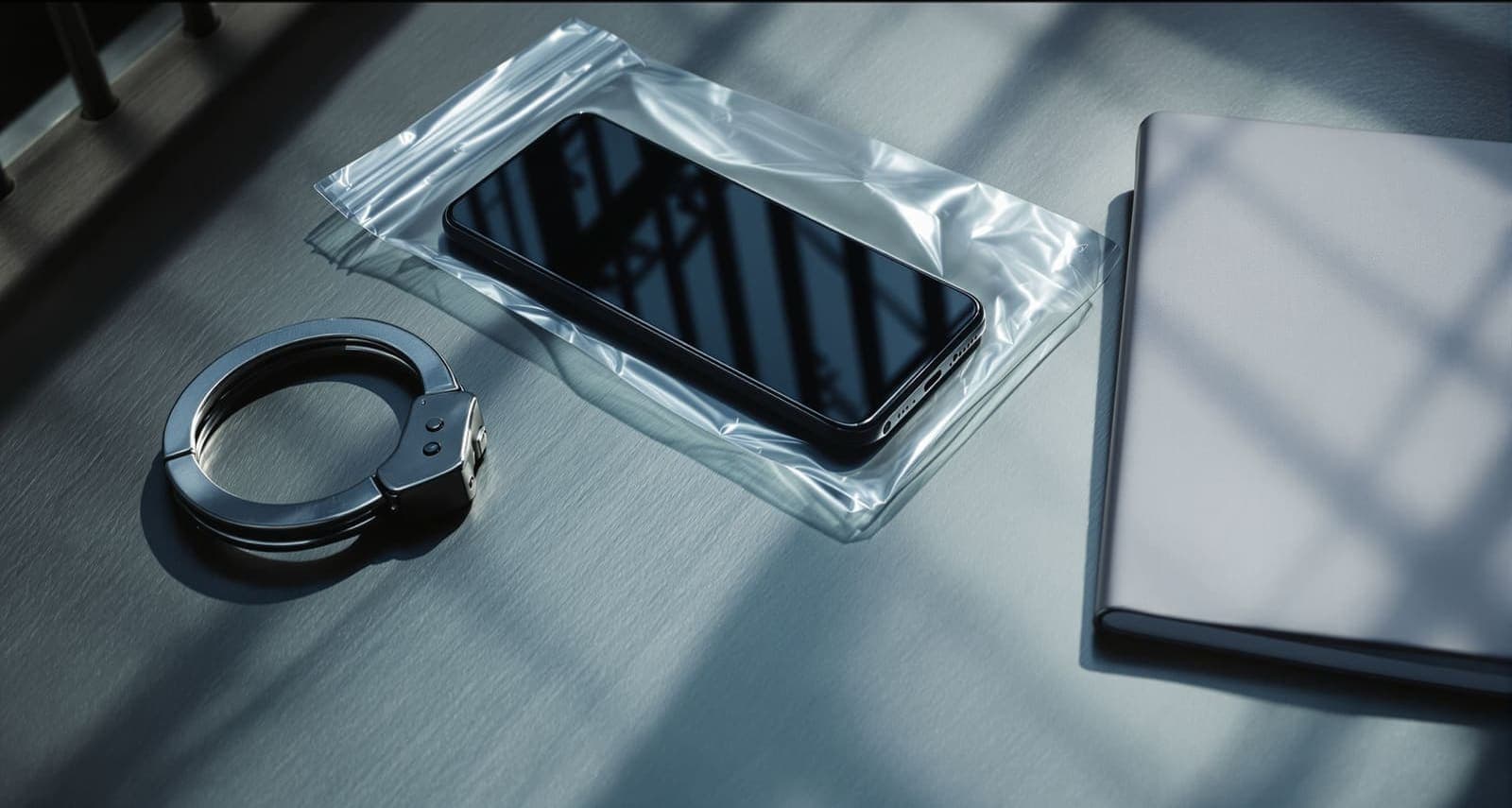 Illustration of a smartphone in a sealed plain plastic bag on a steel table beside handcuffs and a closed grey folder.