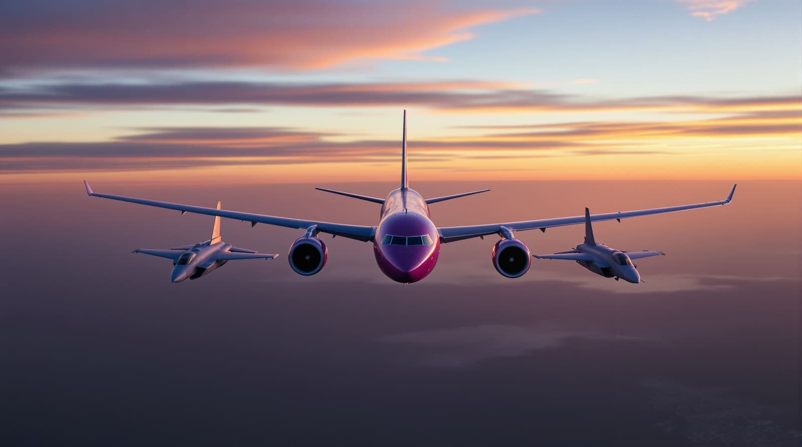Illustration of a passenger airliner flying in close formation with two fighter jets high in a dusk sky.