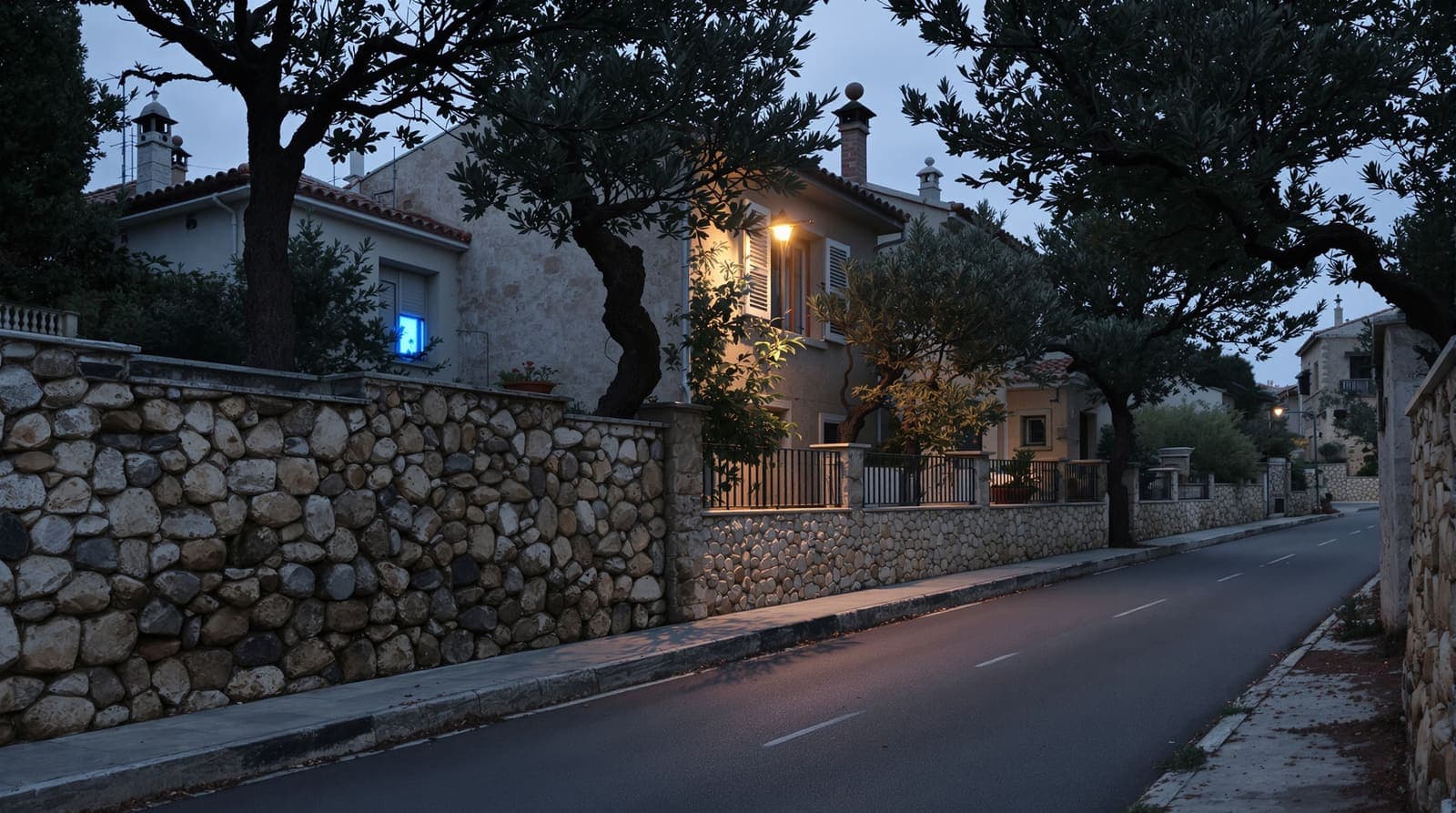 Illustration of blue emergency light pulsing across stone houses and garden walls on an empty Galilee street at dawn.