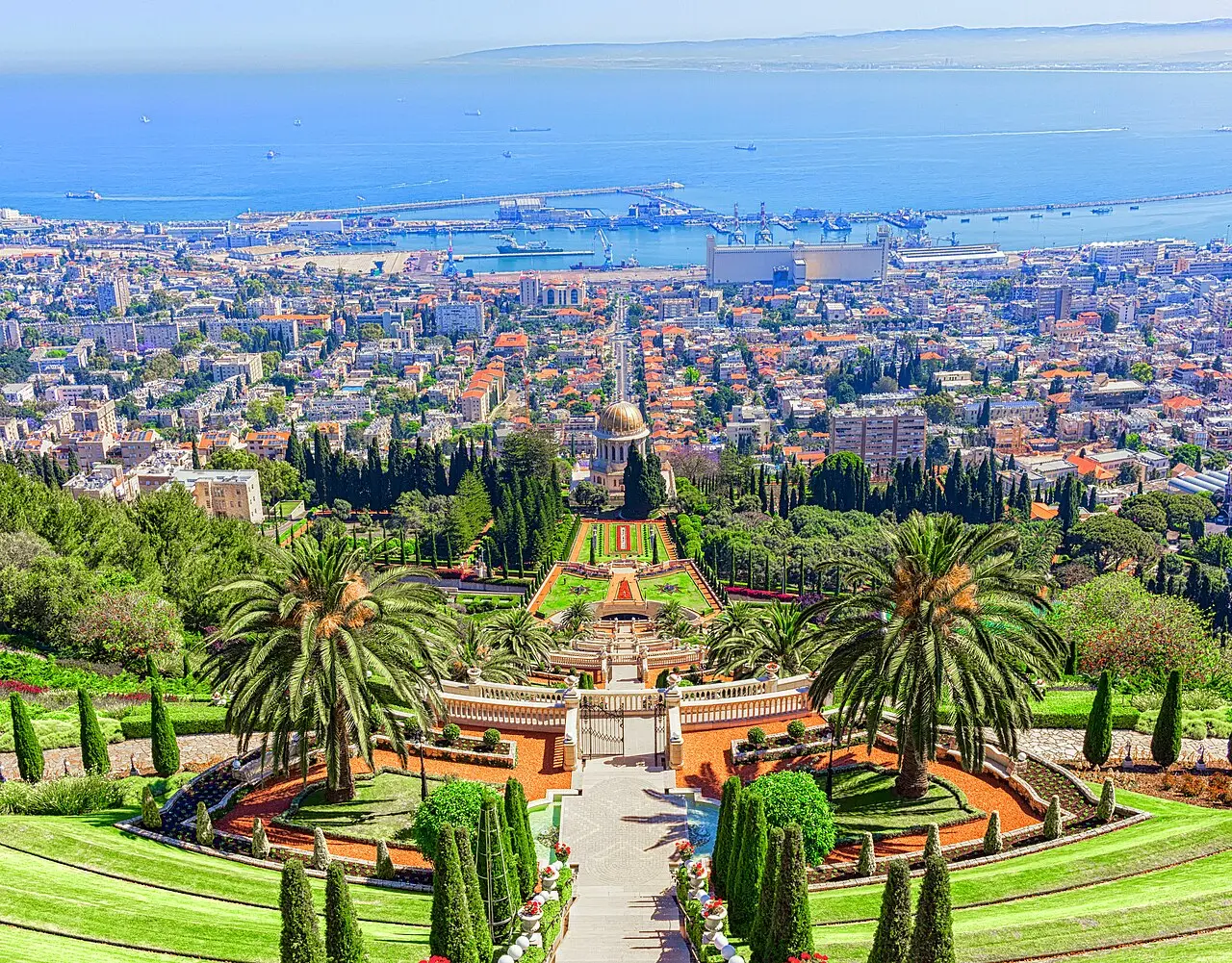 The view down the terraces to Haifa's port and bay